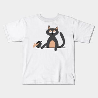 Cute smug cat spilling coffee Kids T-Shirt